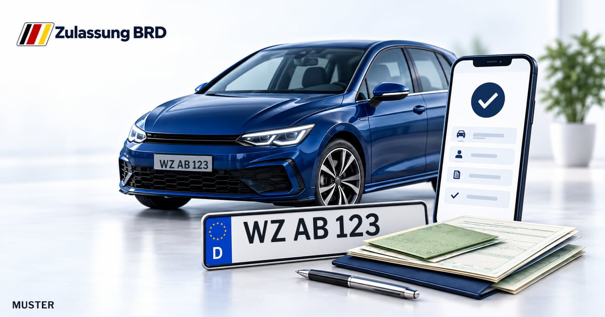 Online Fahrzeugzulassung in Braunfels: Musterkennzeichen WZ AB 123, Auto und Fahrzeugpapiere und Smartphone. Illustration mit Logo von Zulassung BRD.